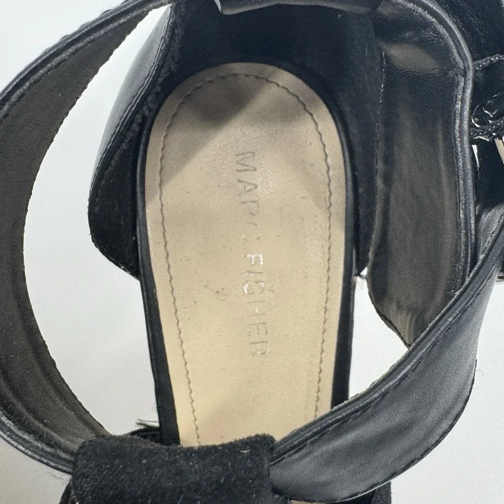 Marc Fisher‎ Black Espadrille Wedge Sandals Ankle Strap Peep Toe Size 9M Coastal